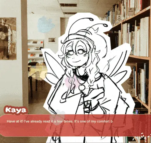 Queen bee Kaya excitedly talking to player, flowers popping up around her to indicate her affection